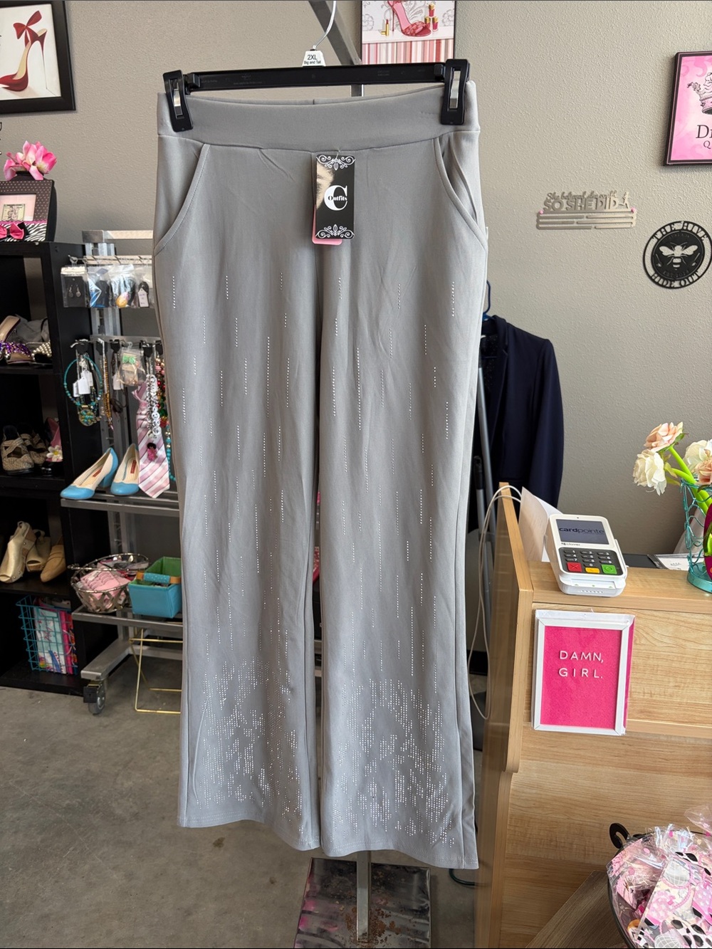 Wide-Leg Gray Embellished Ponte Pants - Comfortable Stretch